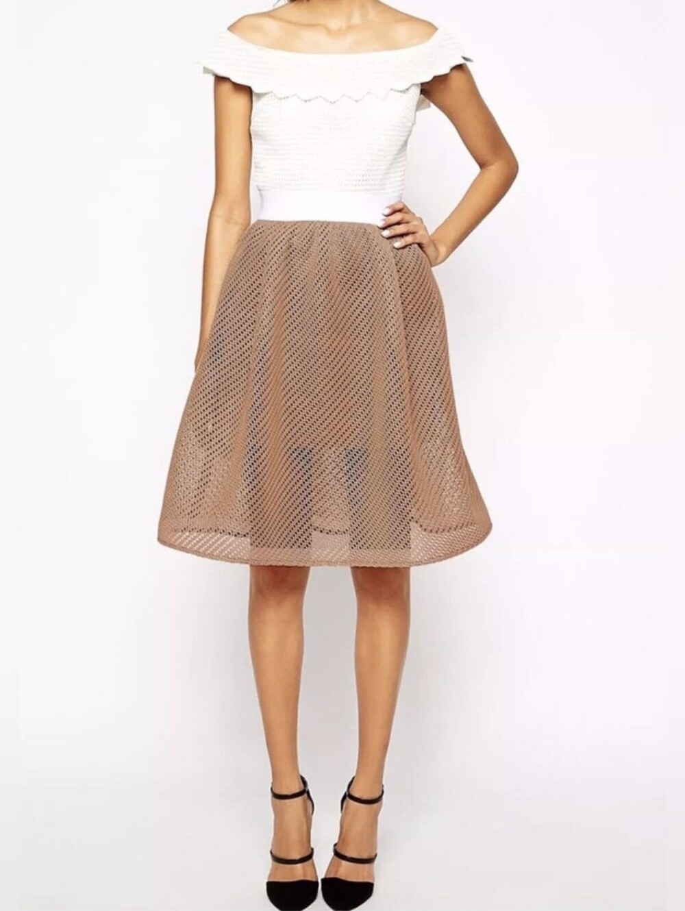 Self Portrait Off Shoulder Mesh Net Flare Dress